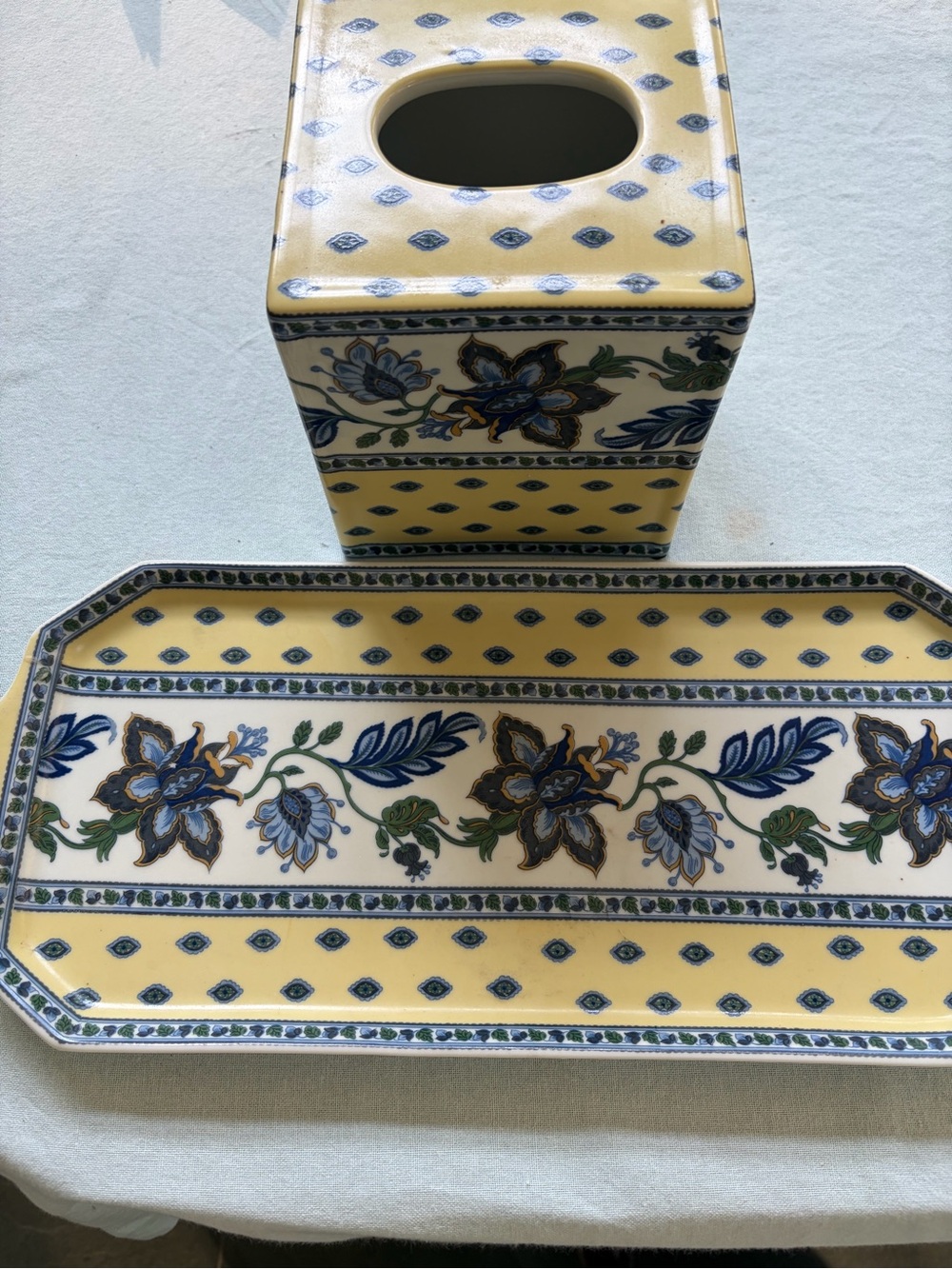 Yellow and Blue Floral Ceramic Bath Tissue Box Cover and Tray Set